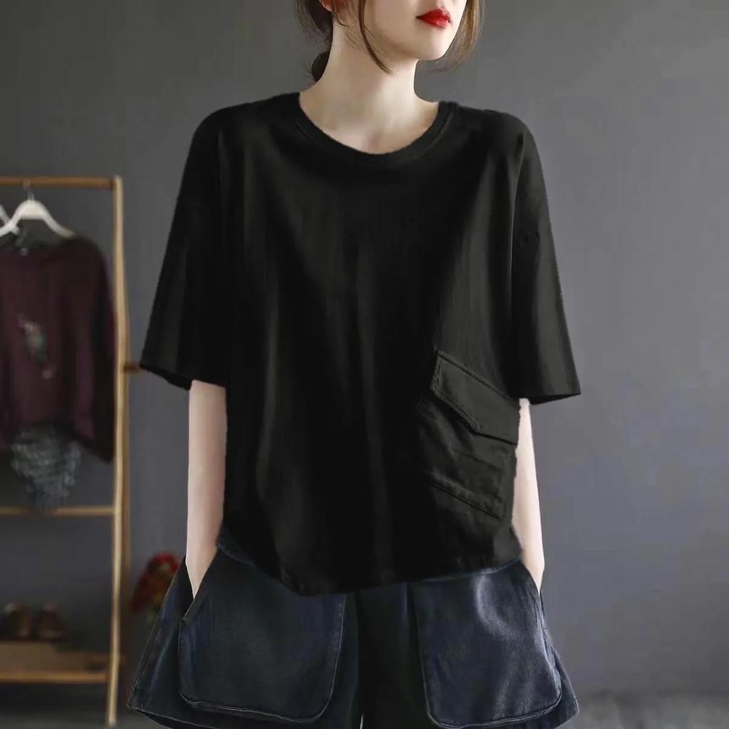 T-shirt da Donna Estiva Sottile Girocollo Manica Corta Larga Design Letterario Colore Unito Tasca Frontale Top