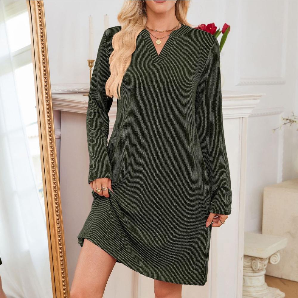 Women's V Neck Long Sleeve Loose Fit Casual Tunic Dress with Pockets for Daily Wear