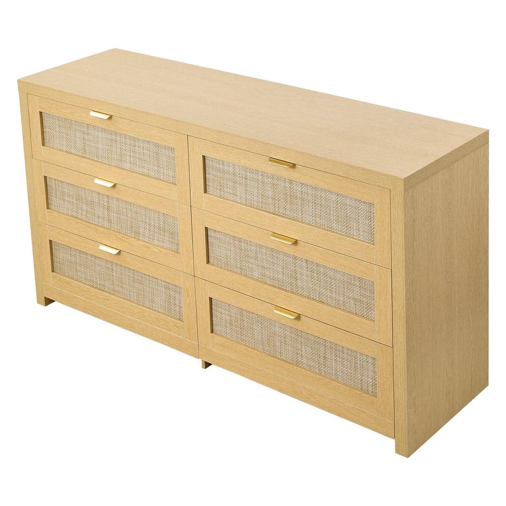 6 Drawer Rattan Dresser, Double Dresser for Bedroom, Natural Rattan Chest of Drawer with Metal Handle, Modern Wood Chest Clothing Organizer & Storage
