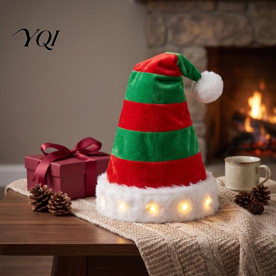 Christmas Hat with Lights Light Up Tree Hat, Striped Plush LED Party Eye Catching Stage Performance Fur Trim, Holiday Cosplay Costume Accessory