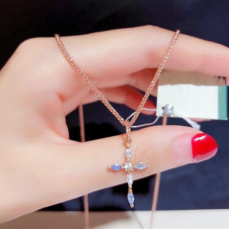 Exquisite Russian Purple Gold Japanese Simple Artificial Opal Moonstone Cross Necklace Pendant Collarbone Chain Female (single pendant)