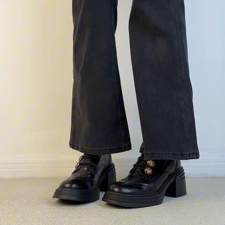 Sheepskin Version~ British Style Brock Small Leather Shoes Women's Waterproof Table High-heeled Leather Single Shoes Button Thick-heeled Loafers