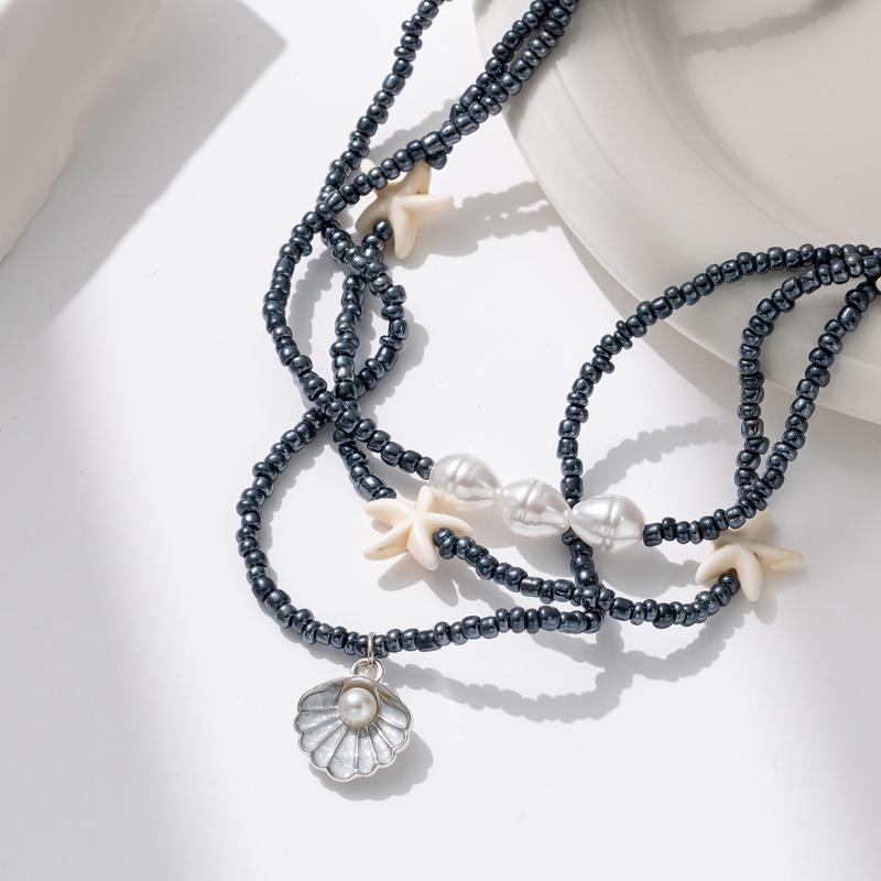

Bohemian Starfish Metal Shell Pendant Adjustable Necklace For Women Black Bead Imitation Pearl Clavicle Chain Beach Jewelry Gift