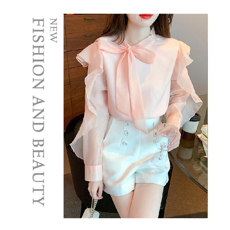 Women's Chiffon Blouse 2026 Spring and Autumn New Fashionable Tie-Neck Ruffle Trim Thin Gentle Style Shirt