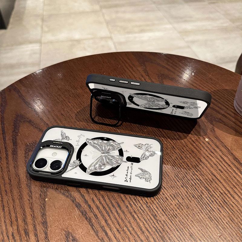 Silver Butterfly Acrylic Hard Shell For iPhone16 16pro 15ProMax 11 12 13pro 14Plus Multi Functional Lens Phone Holder Phone Case