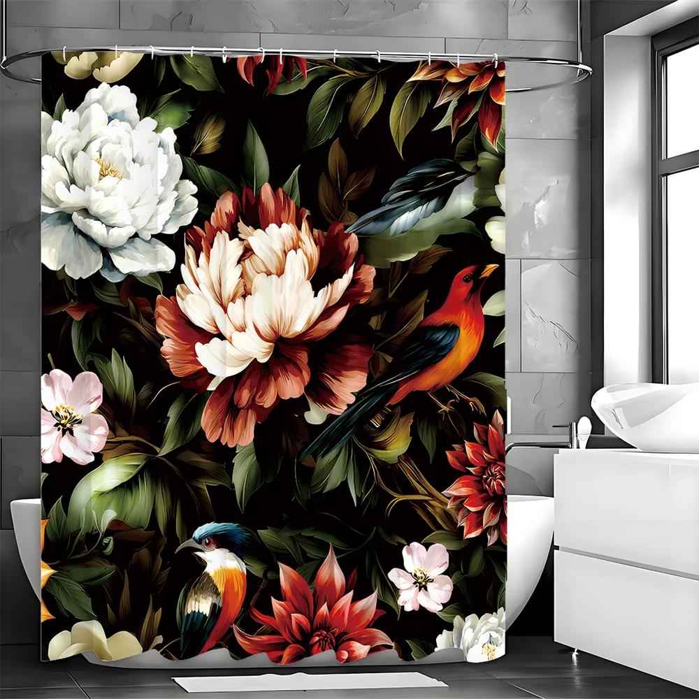 Peony Flower Green Leaf Bird Shower Curtain, Bathroom Decorative Shower Curtain, Waterproof Shower Curtain with Hooks