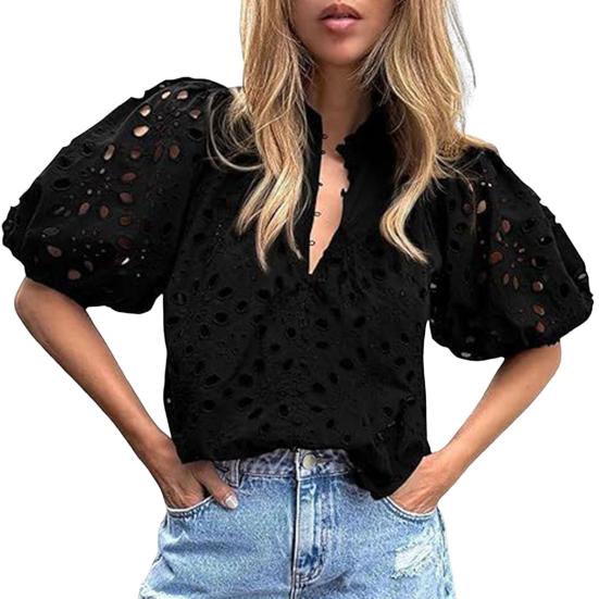 Women Tops V-Neck Puff Short Sleeves Hollow Out Crochet Shirt Solid Color Loose Fit Blouse Outdoor Leisure Wear