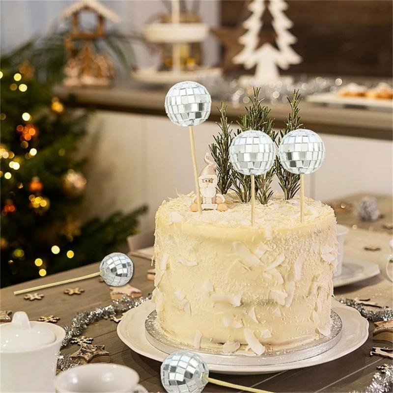24 Pieces Reflective Sphere Cake Toppers for Party Decoration Decorative Cupcake Inserts Accessories Cake Ornament