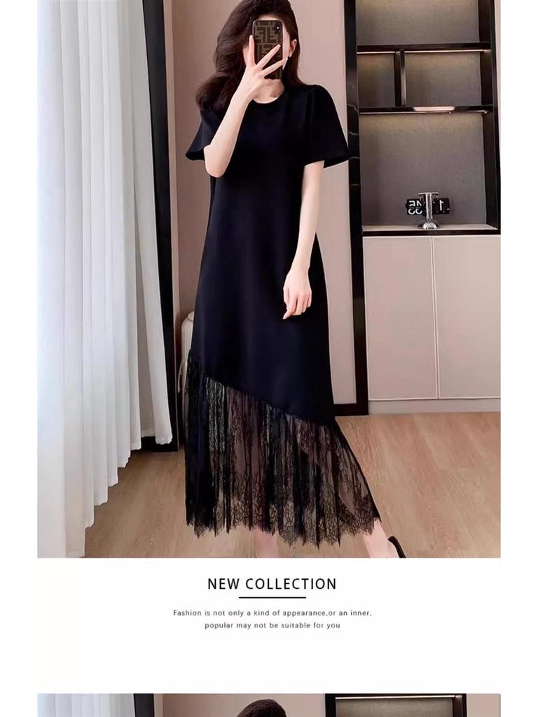 French Lace Patchwork Plus Size Summer Dress - Elegant Loose Short Sleeve Skirt for Women