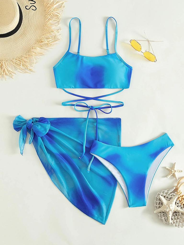 European and Americcan Women's Bikini Set 3 Pieces Tie Dye Swimwear Set Padded Bandage Top High Cut Brief Lace Up Cover-up Swimsuit Sexy Bathing Suit