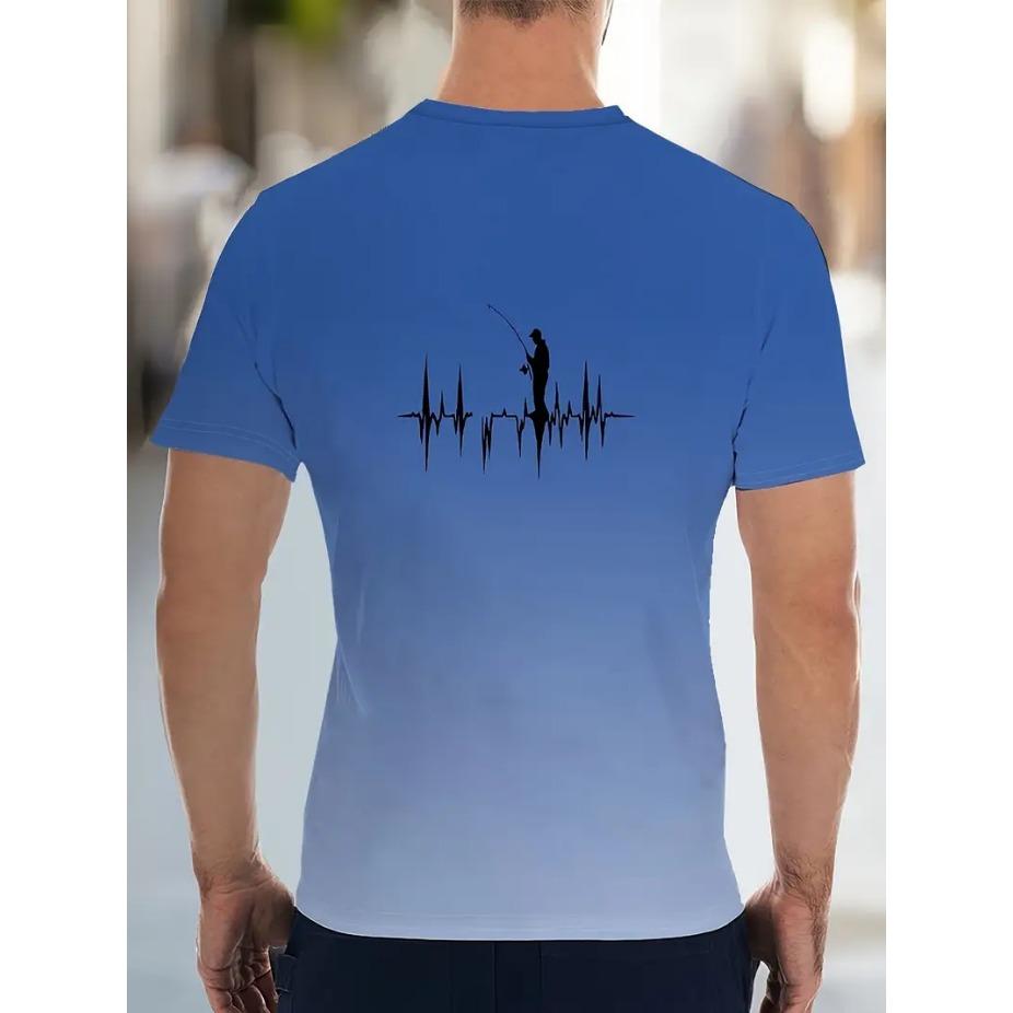 Fishing Print T-shirt, Men's Casual Street Style Stretch Round Neck Tee Shirt for Summer, Fishing Gear