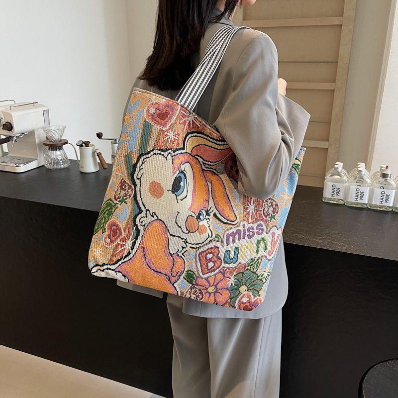 Geantă tote de pânză pentru femei cu capacitate mare și broderie de desene animate