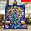 2D Flat Printing 1pc Vibrant Peacock Display Floral Blanket Full Print Blue Golden Peacock Feather Watercolor Flower Pattern Fleec