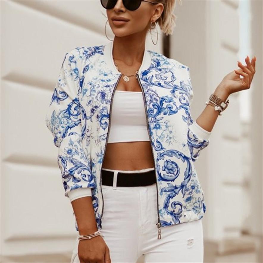 Damen trendige kurze Jacke Blumendruck Bomberjacke lässig Reißverschluss Slim Fit Streetwear
