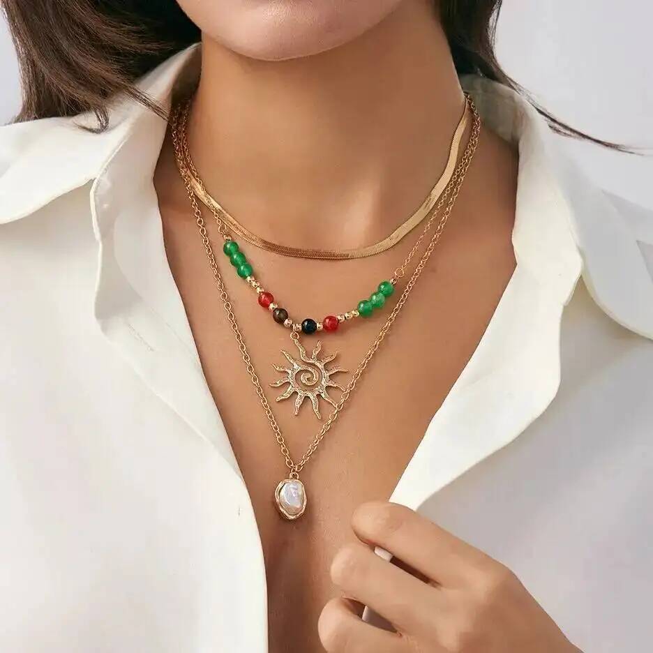 IngeSight.Z 3Pcs/Set Vintage Imitation Pearl Sun Pendant Necklace Women Boho Elegant Snake Chain Bead Choker Party Jewelry Gift