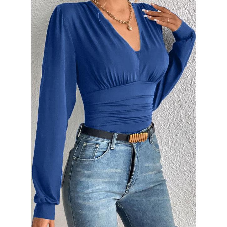 Herbst Frühling Frauen Sexy Tiefem V-Ausschnitt Langarm Solide Tops Blusen frauen Schlank Elegante Streetwear Top Femme Bluse