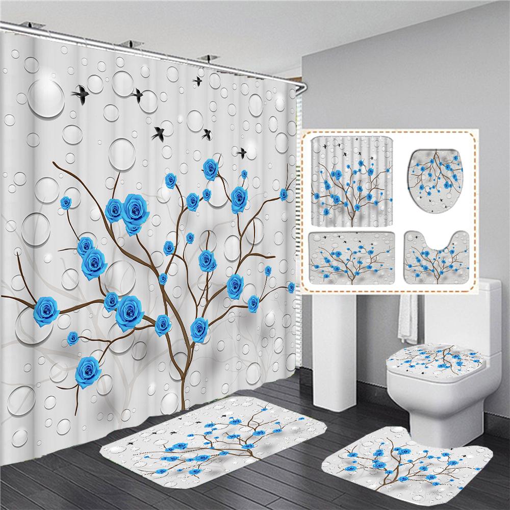 3D Flower Shower Curtain Set Bath Mats Rugs Sunflower Bathroom Sets Bathtub Curtains With Hooks Non-Slip Carpet Toilet Lid Cover