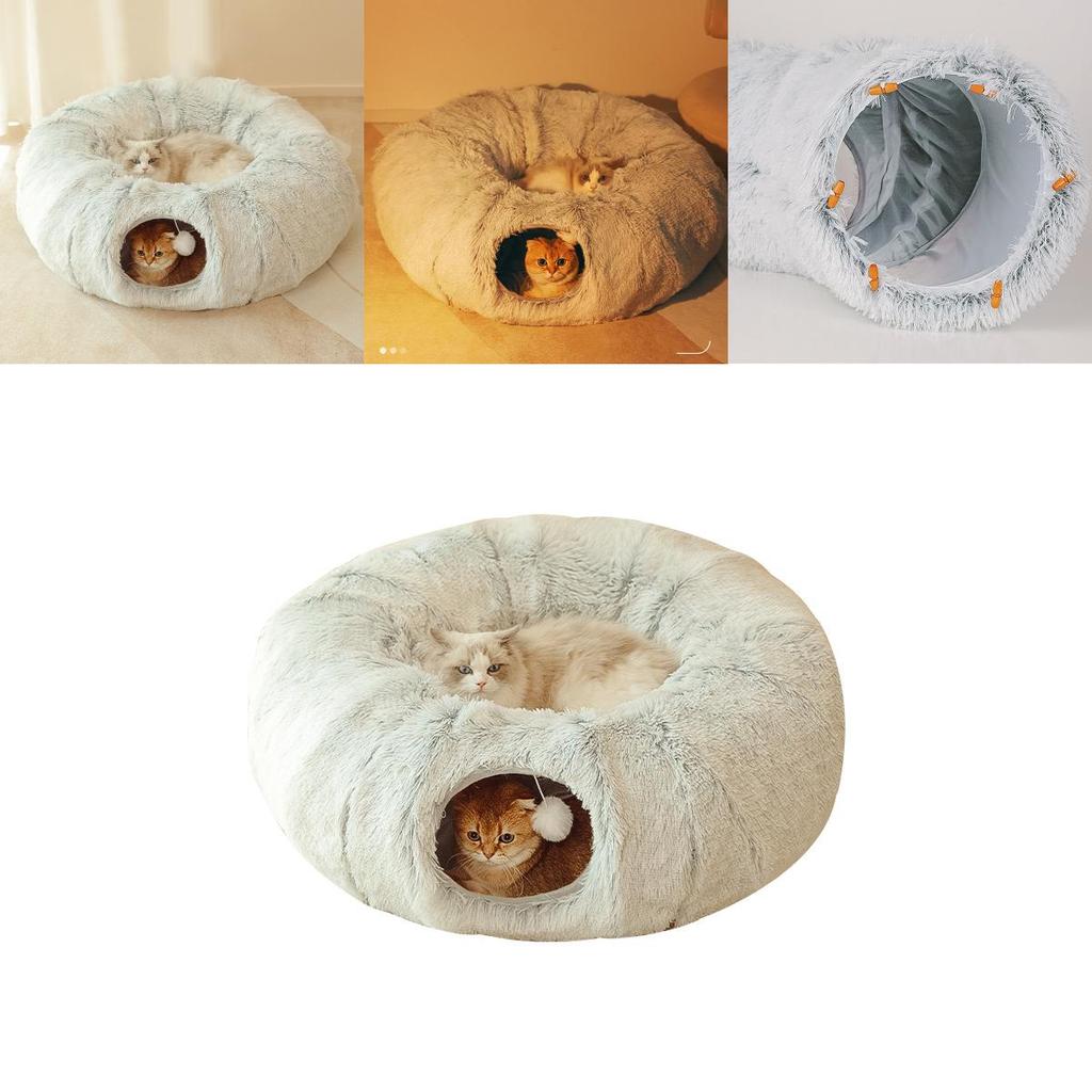 Stylish Winter Cat Bed Tunnel With Warm Long Plush Fabric Features Foldable Design Great For Cats And Dogs