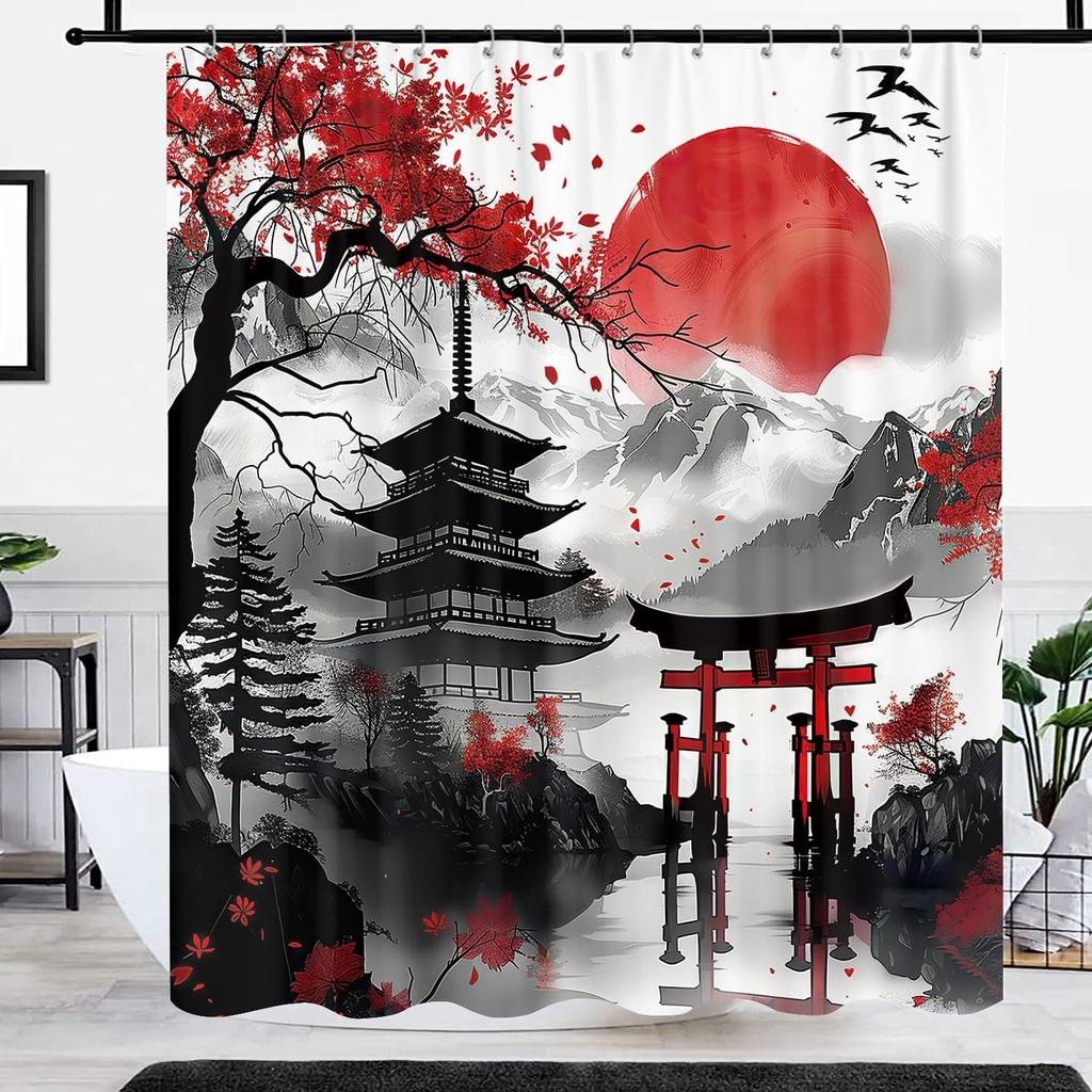 Japanese Anime Shower Curtain,Cool Watercolor Japan Cherry Blossom Floral Mountain Asian Oriental Abstract Art Shower Curtain