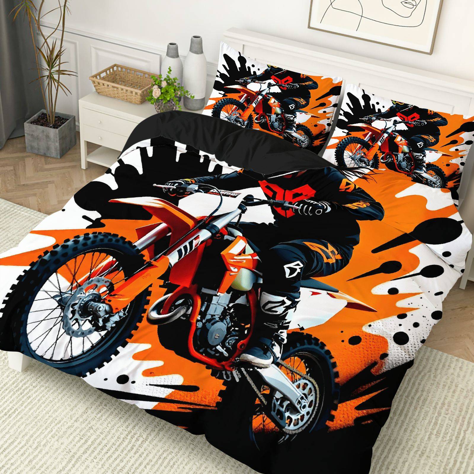 

Orange Motocross Bedding Set Dynamic 3D Print Duvet Cover Pillowcase Soft Touch Fade-Resistant For Boys Bedroom Decor AU Single(140x210cm)