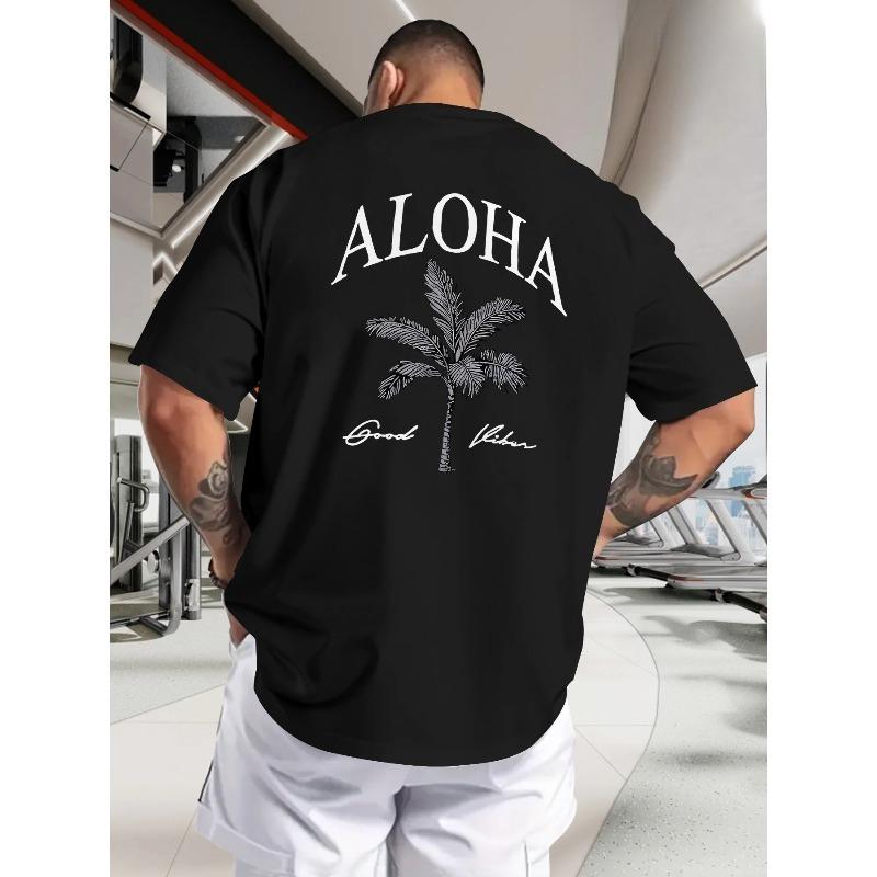 

Men s Summer Outerwear Hawaiian Hello Coconut Tree Back Print Fashion Short-Sleeve T-Shirt, Men s Casual Versatile Stretch Top 4XL чорний