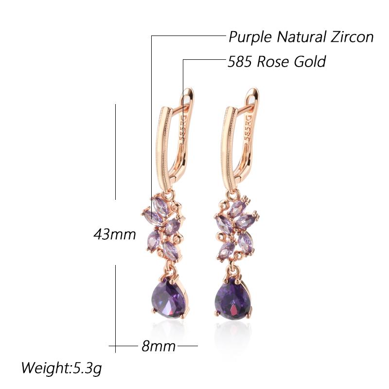 Shiny Purple Natural Zircon Long Dangle Earrings For Women  Rose Gold Color Vintage Ethnic Bride Daily Fine Jewelry