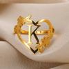 Stainless Steel Initials Flower Heart Rings Gold Color Adjustable Delicate Letter Leaf Rings For Women Girl Alphabet Jewelry