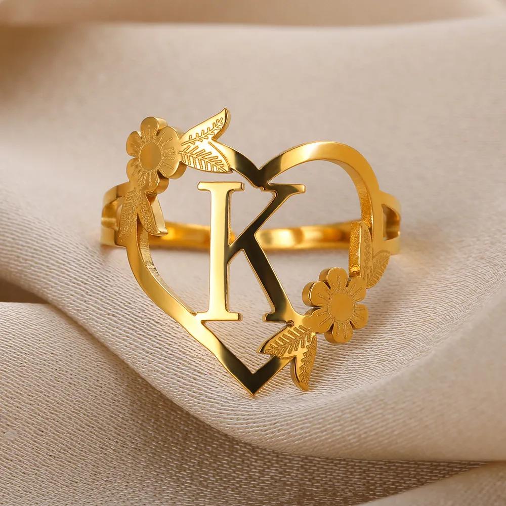 Stainless Steel Initials Flower Heart Rings Gold Color Adjustable Delicate Letter Leaf Rings For Women Girl Alphabet Jewelry KTJ