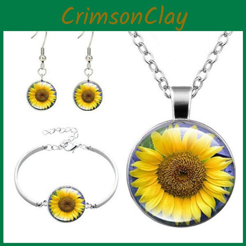 Vintage Sonnenblumen Schmuckset Mit Legierung Anhänger Kette Ohrringe Für Damen