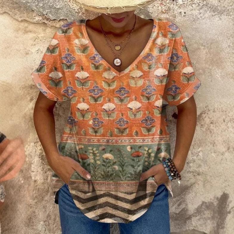 Camisetas Casuales de Manga Corta para Mujer con Estampado 3D y Cuello en V, Moda Retro