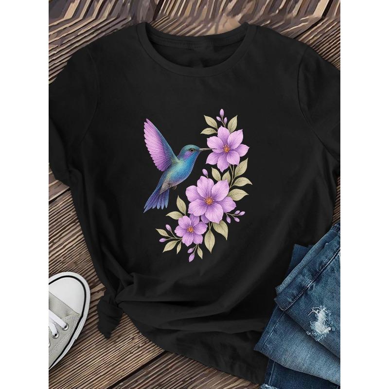 Women's Round Neck Short Sleeve T-Shirt Hummingbird Floral Print Casual Outdoor Travel Nature Lover Top