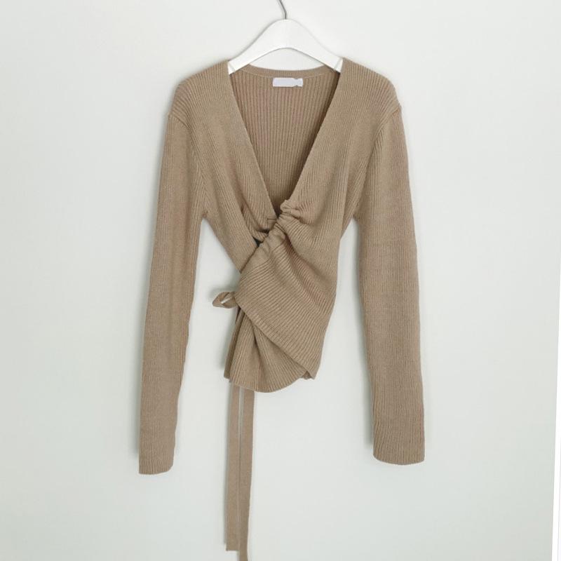 

Корейский женский тонкий трикотажный свитер с V-образным вырезом и шнурком One Size