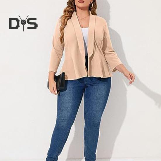 Plus Size Women Suit Coat Lapel Long Sleeve Ruffle Hem Open Front Suit Jacket Solid Color Versatile Business Outerwear