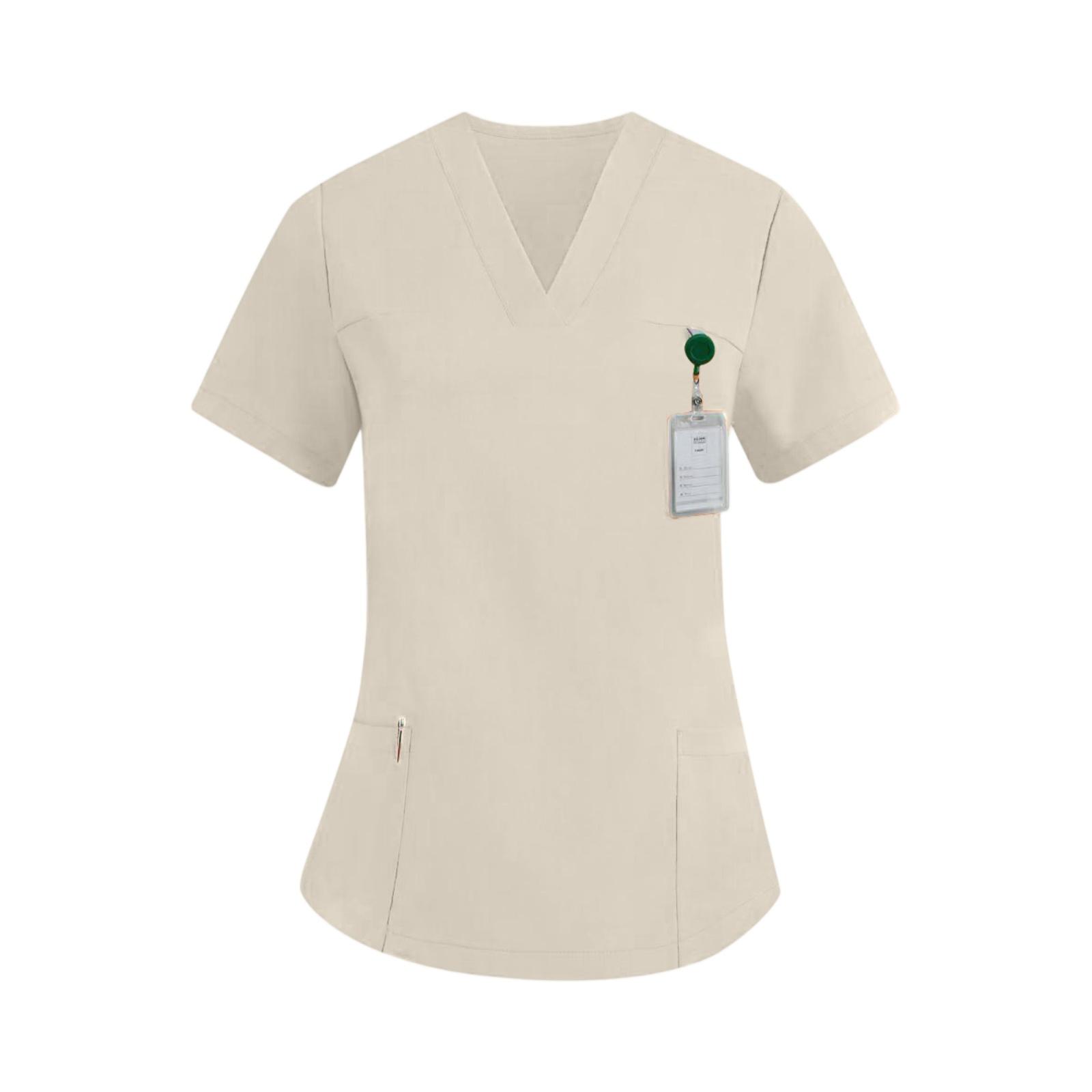 

Women s Color-blocked Short-sleeved Pocket V-neck Caregiver Uniform Top L бежевый