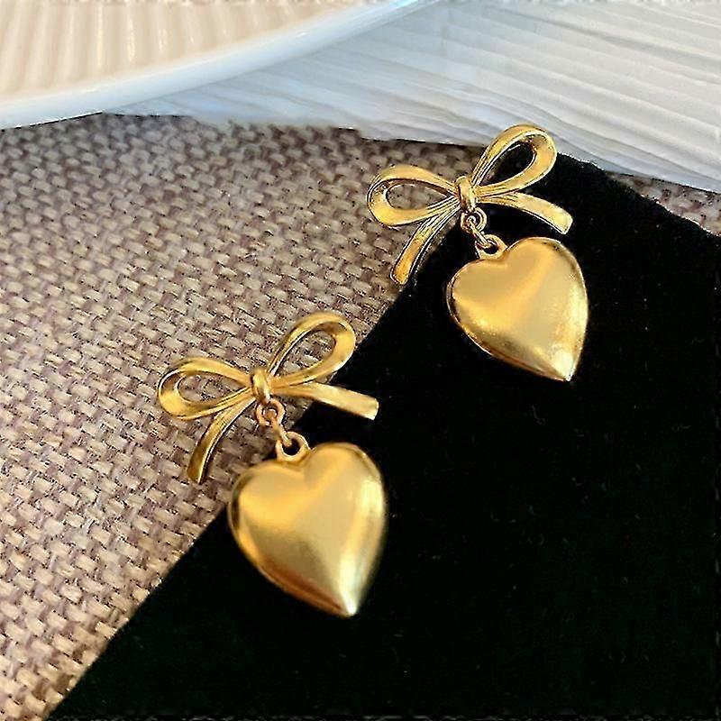 Gold Heart Dangle Earrings For Women, Ribbon Bow Dangle Earrings, Gift For Valentine's Day Anniversary Birthday