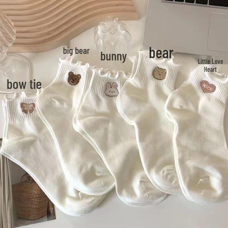 Women's Cute Cartoon Bear Lace Socks: Sweet Spring & Summer Japanese Style with Wood Ear Edge