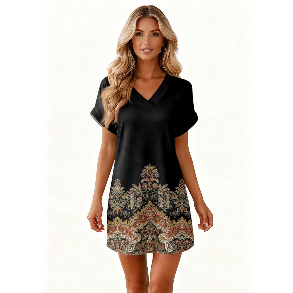 Women's Fashionable Floral Print V-neck Short Sleeved Pocket Casual Pullover Dress
