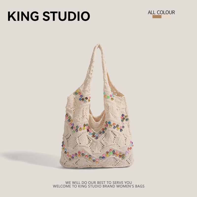 

Вязаные сумки большой вместимости Женские 2025 Новое поступление Летняя повседневная на плечо Жемчужная сумка Ручной работы Пляжная сумка для отдыха на море Beige White
