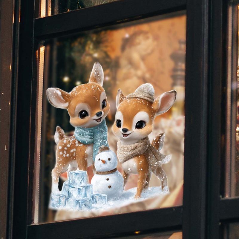 Christmas Cartoon Deer Snowman Fully Transparent Double-sided Visible Glass Home Decoration Stickers