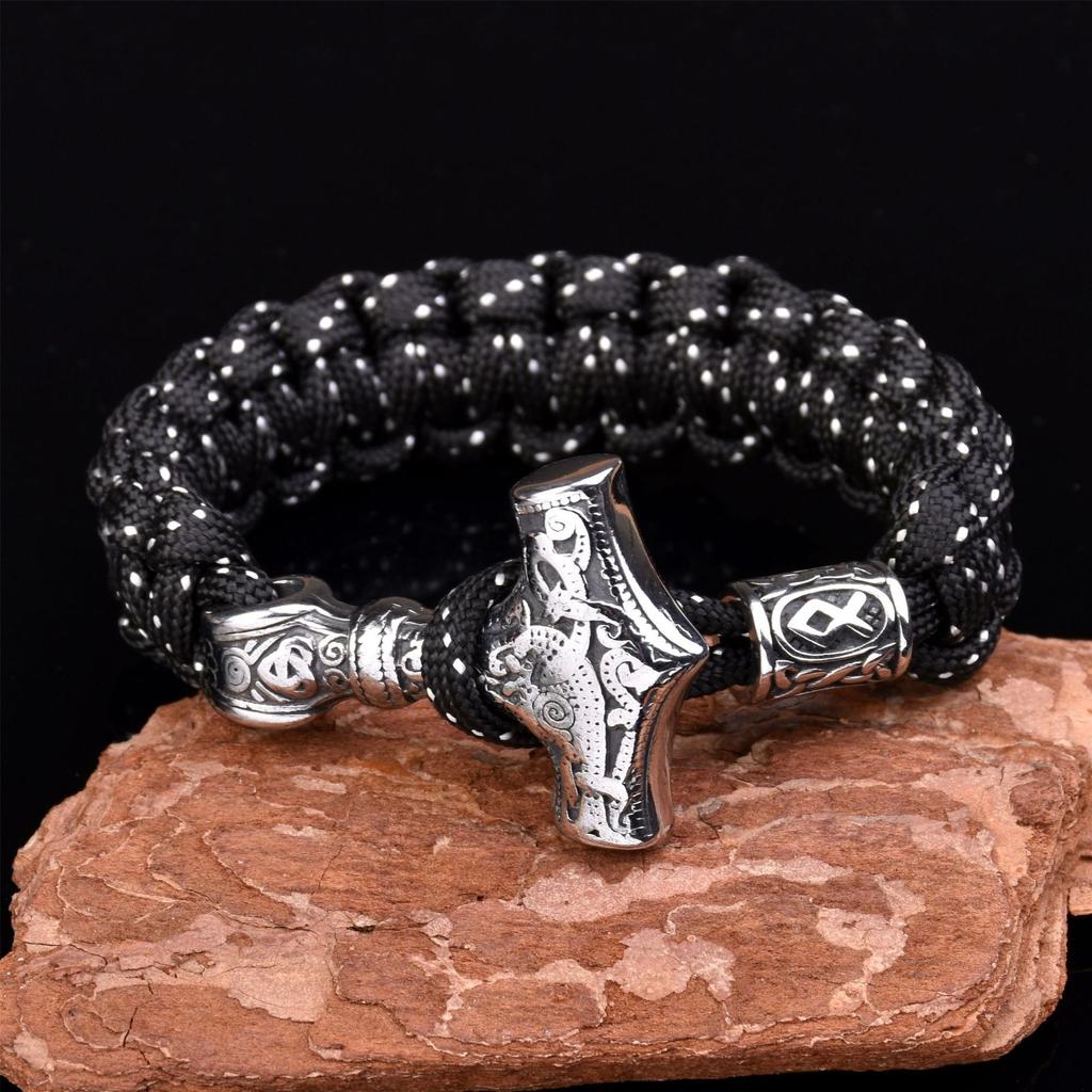 Men 'S Stainless Steel Viking Thor 'S Hammer Umbrella Rope Braided Bracelet Outdoor Sports Survival Bracelet 