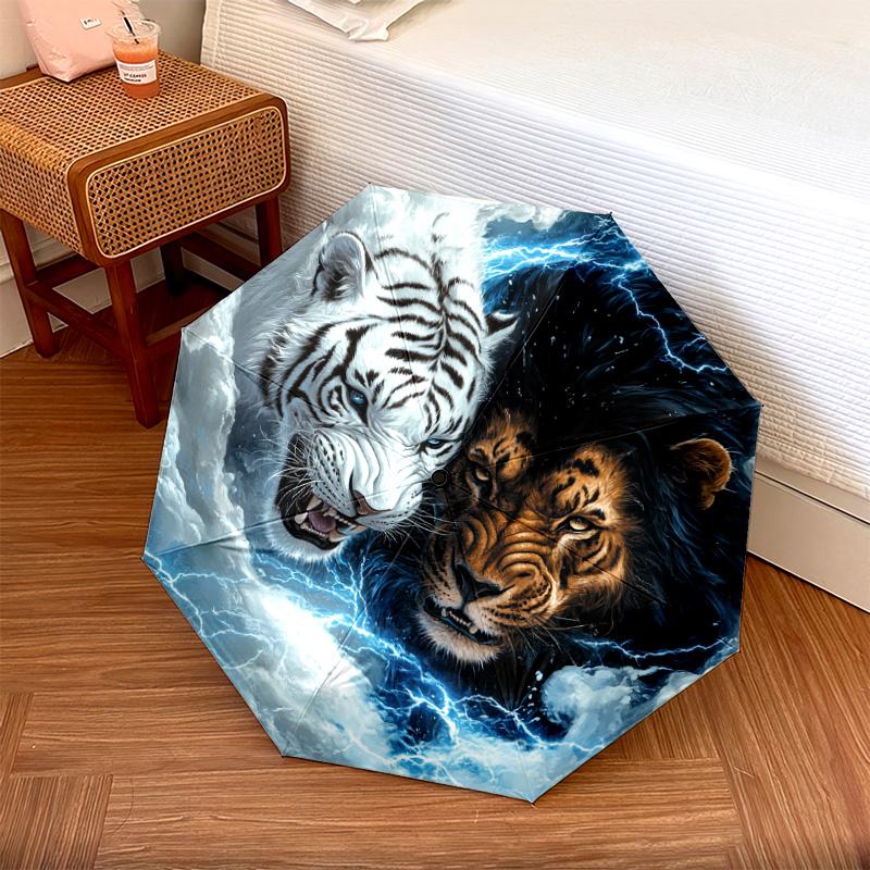 1 PC Automatic Folding Umbrella - Yin Yang Tiger Lion Pattern, Portable & Foldable Design with 8 Ribs, Christmas Birthday Gifts