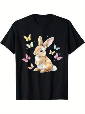 Cute Bunny Rabbit Butterfly Graphic Print Men Women Casual Cotton T-Shirt Summer Trip Tee
