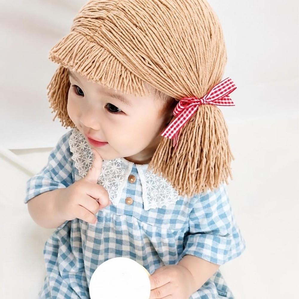 Bangs Baby Gebreide Muts met Vlechtjes Pruik Bevestigd Kinder Cosplay Haar Kap voor Baby Meisjes