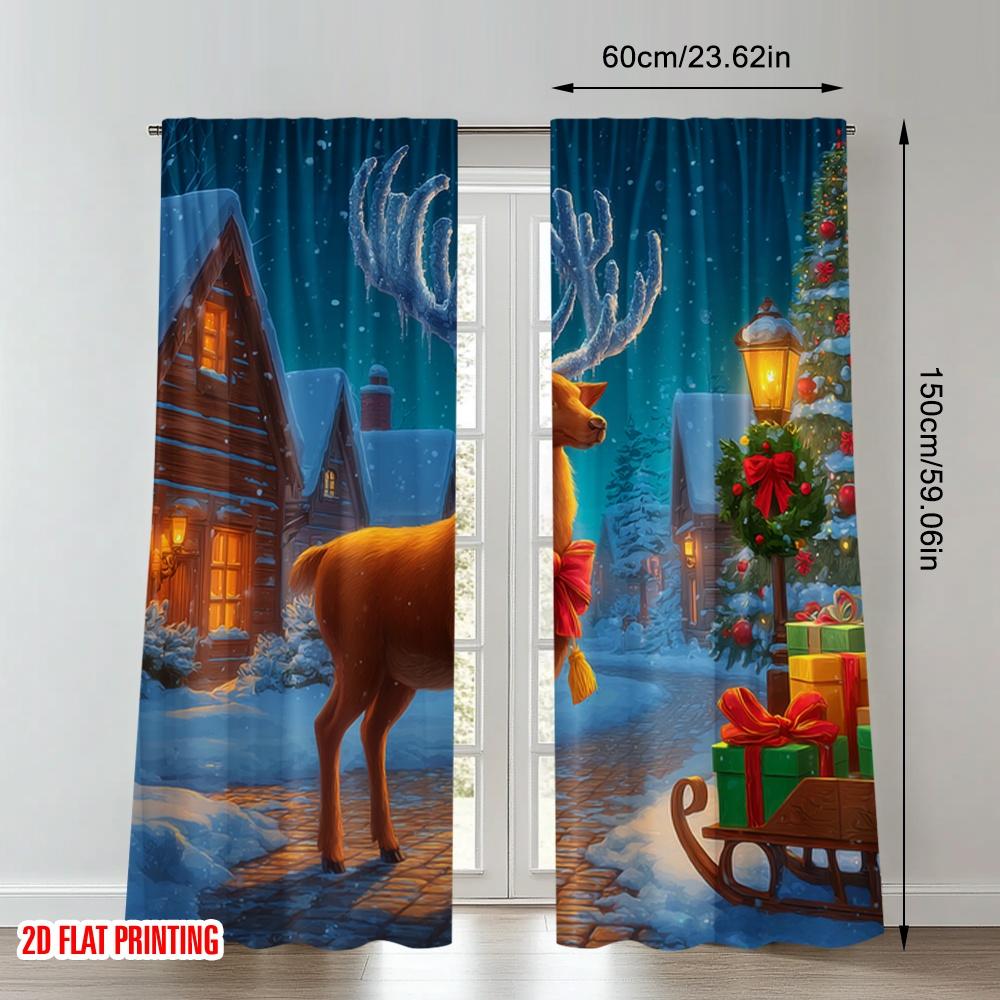 2pcs 2D flat printing Popular Christmas curtains Christmas Reindeer Gifts Sleigh Digital Printed Polyester Drapes Party &