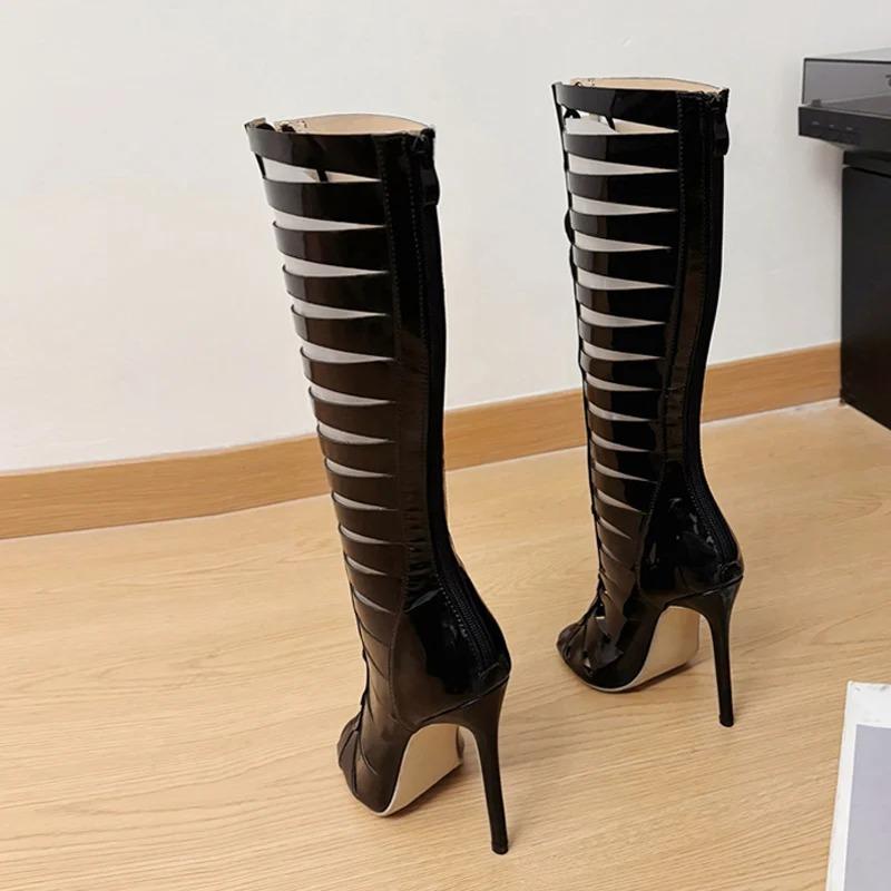 Fashion Luxury Women Boots Summer Fashion Hollow Out Cross Strap Knee High Boots Sandals for Women Zip Sexy Peep Toe Stripper Heels Shoe