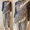 Women Long Sleeve Bodystocking Lingerie Leopard Fishnet Mesh Bodysuit Nightwear