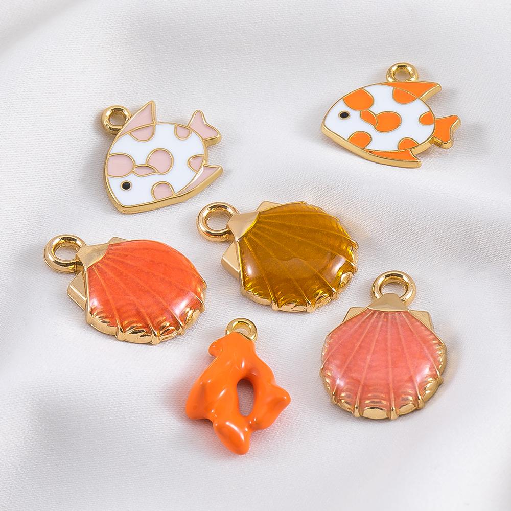 10pcs Cute Orange Enamel Sea Coral Turtle Conch Fish Starfish Charms Alloy Pendants for DIY Necklace Bracelet Jewelry Findings