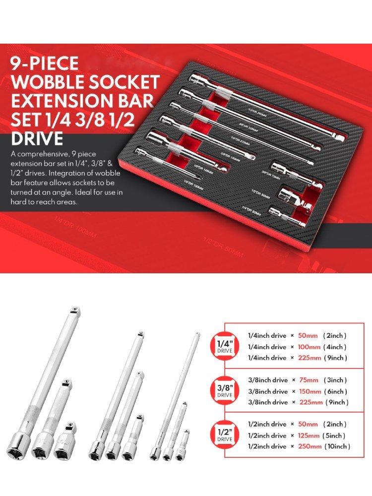 9Pcs Wobble Socket Extensions Set, Ratchet Extensions 1/4" 3/8" 1/2", Wobble Extensions, Drive Socket Extension Length Bar Set