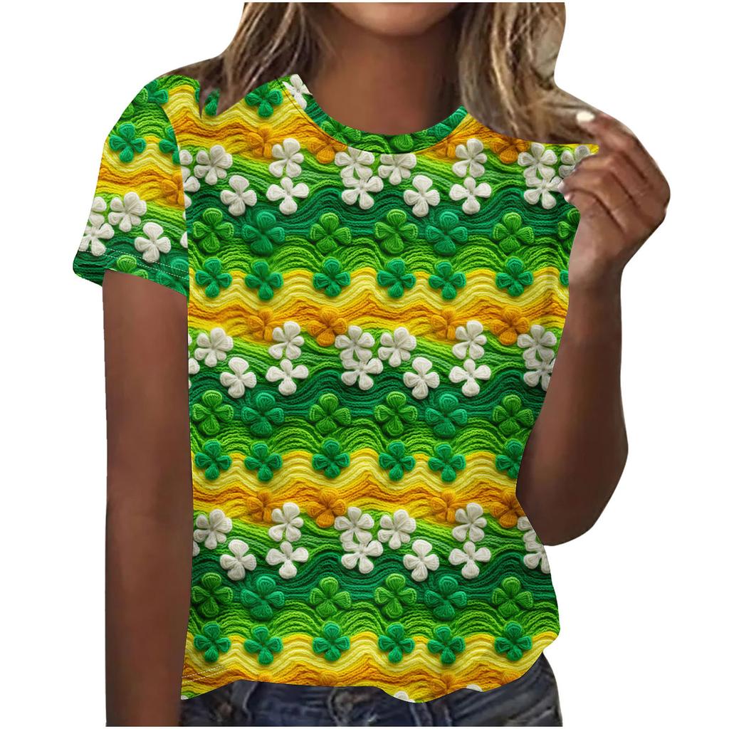 Cuello Redondo de Verano 3D St. Camisetas de Manga Corta Casuales de Moda para Mujer con Estampado Temático Verde del Día de San Patricio