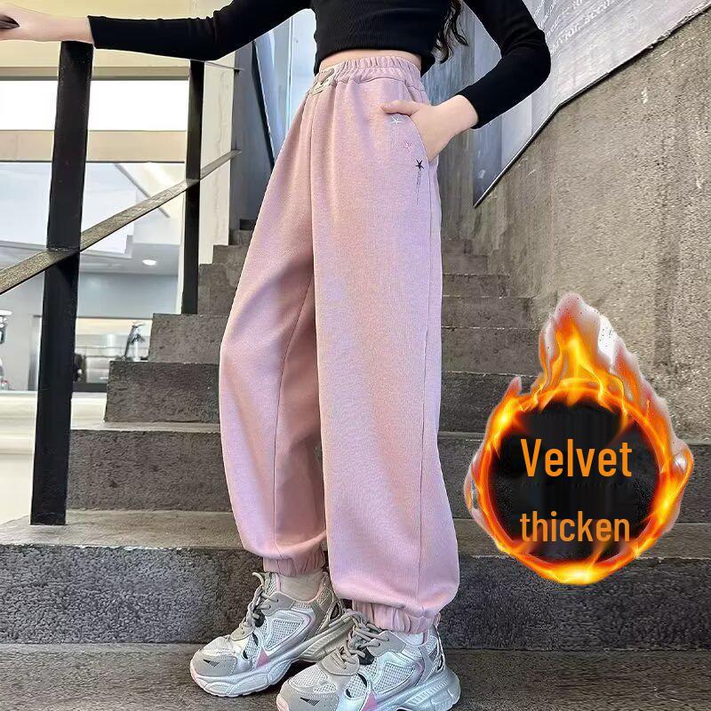 Девичьи свободные спортивные штаны на флисовой подкладке для весны и осени 2025 - Повседневные, модные спортивные штаны для детей старшего возраста 140 розовый